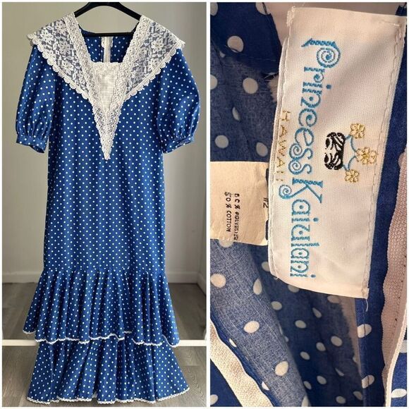 Princess Kaiulani Hawaii Vintage Polka Dot Lace Dress Size 8 - Picture 1 of 4